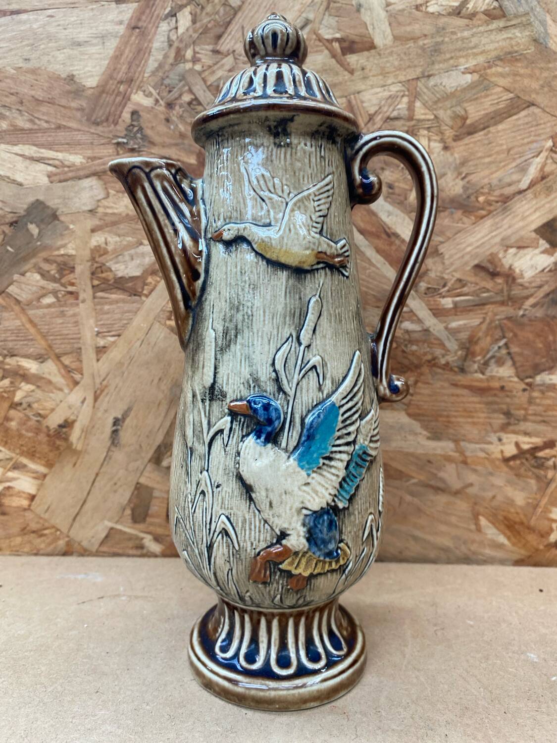 Antique teapot shaped pitcher ceramic brown beige vintage ducks decor