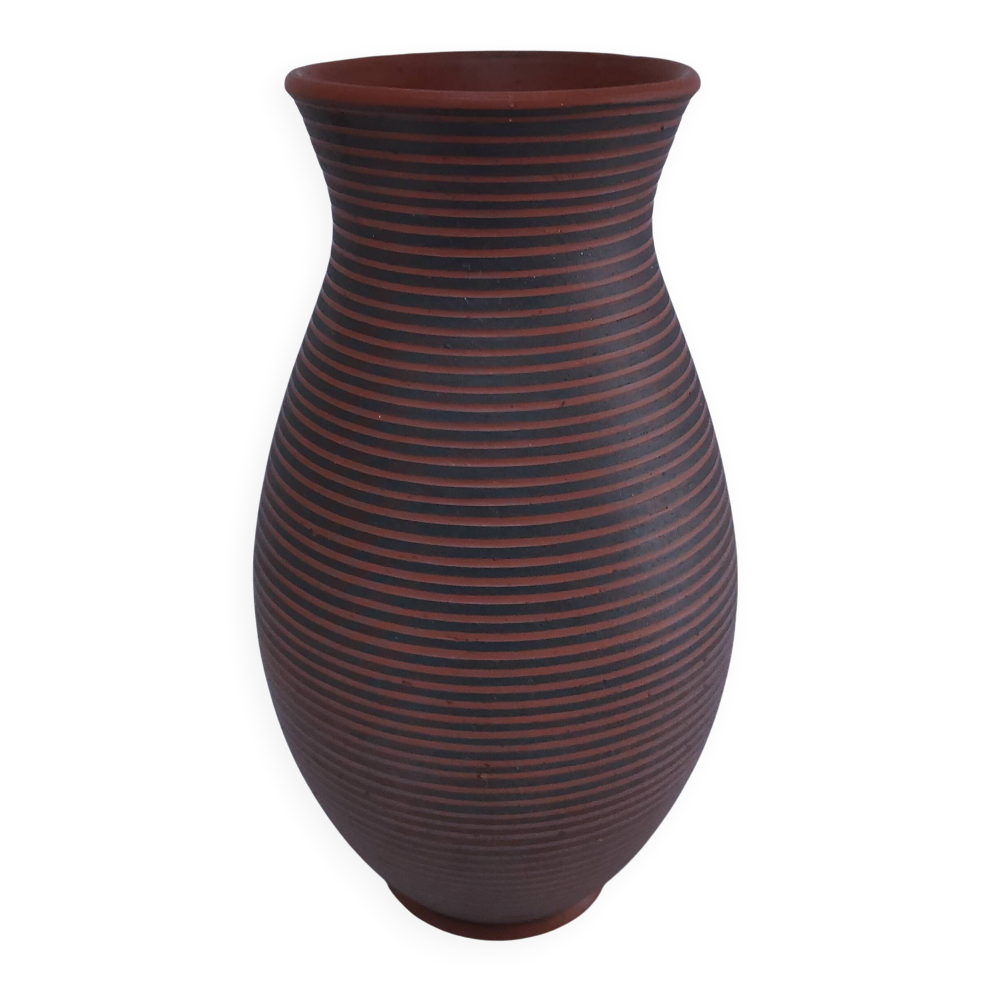 two-tone striped clay vase from the 1960s, signed