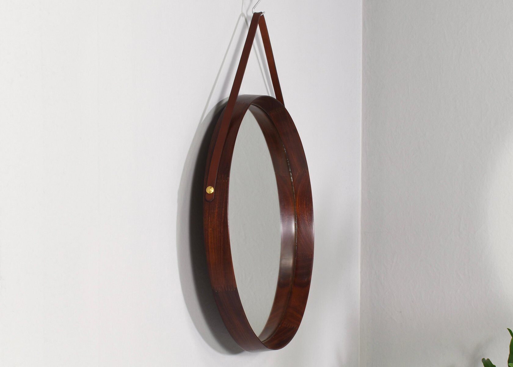 Italian round wall mirror in solid teak leather and brass 1950 68x53cm