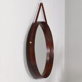 Miroir mural rond italien en teck massif cuir et laiton 1950 68x53cm