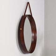 Italian round wall mirror in solid teak leather and brass 1950 68x53cm