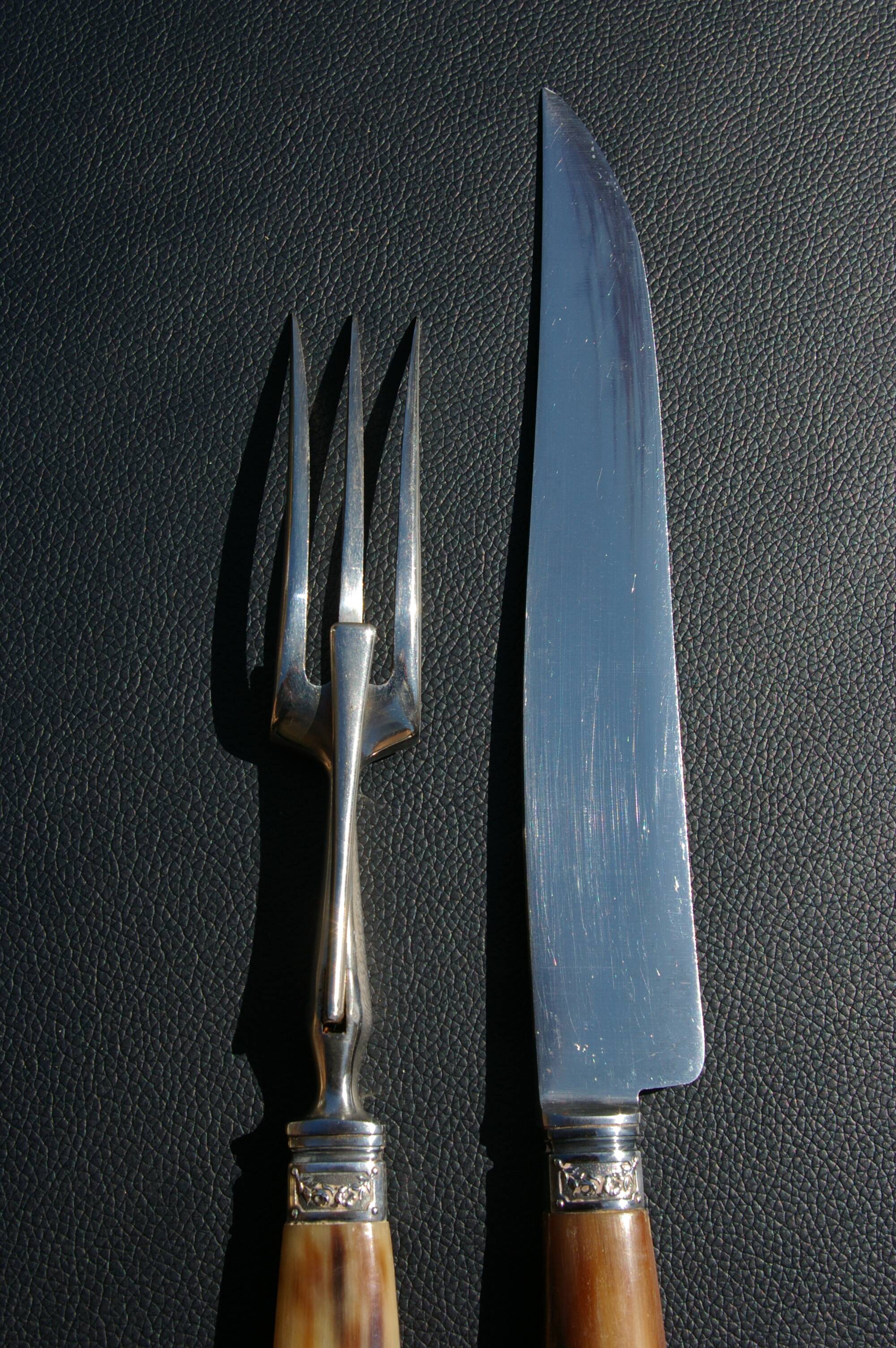 Carving Set + Salad Server Horn and Stainless Steel