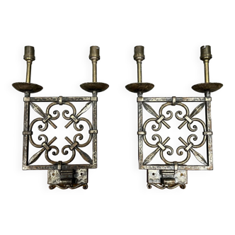 Pair of Renaissance style iron wall lights with 2 arms of light each