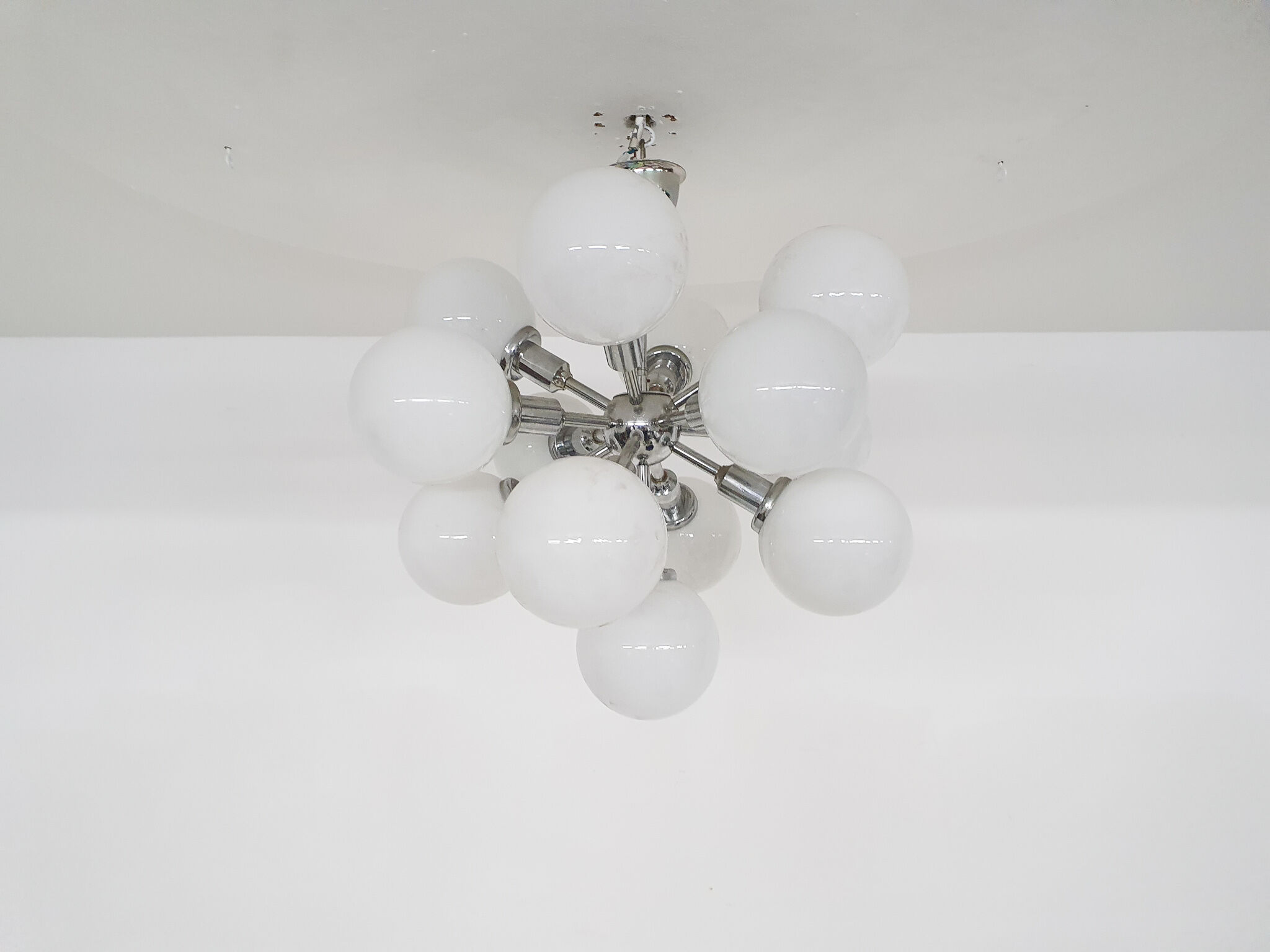 Mid-century "Sputnik" metal pendant light with 13 glass globes, 1970's