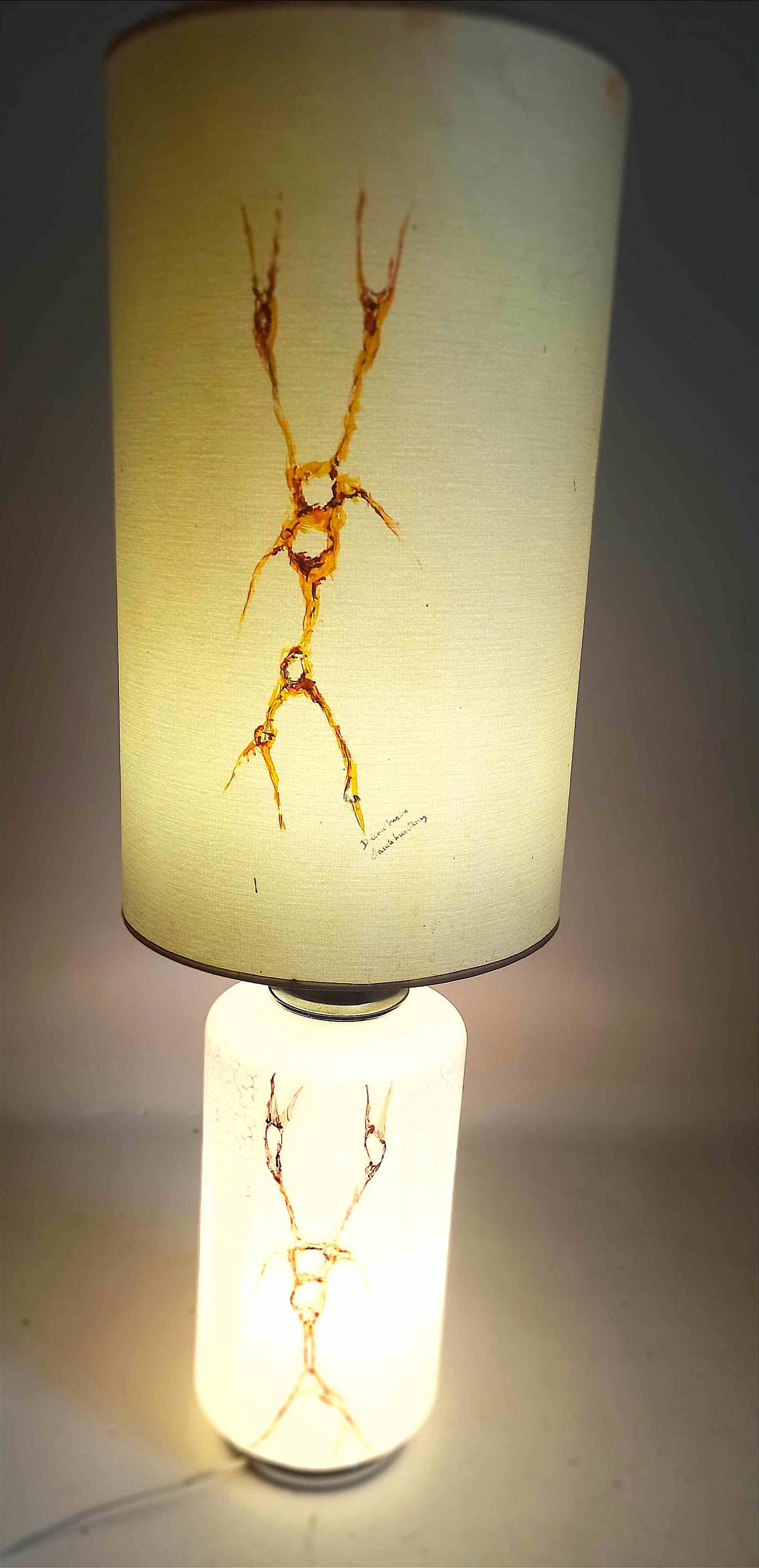 Lampe de sol double éclairage opaline blanche effet givré marbrures brunes Hauteur 95 cm