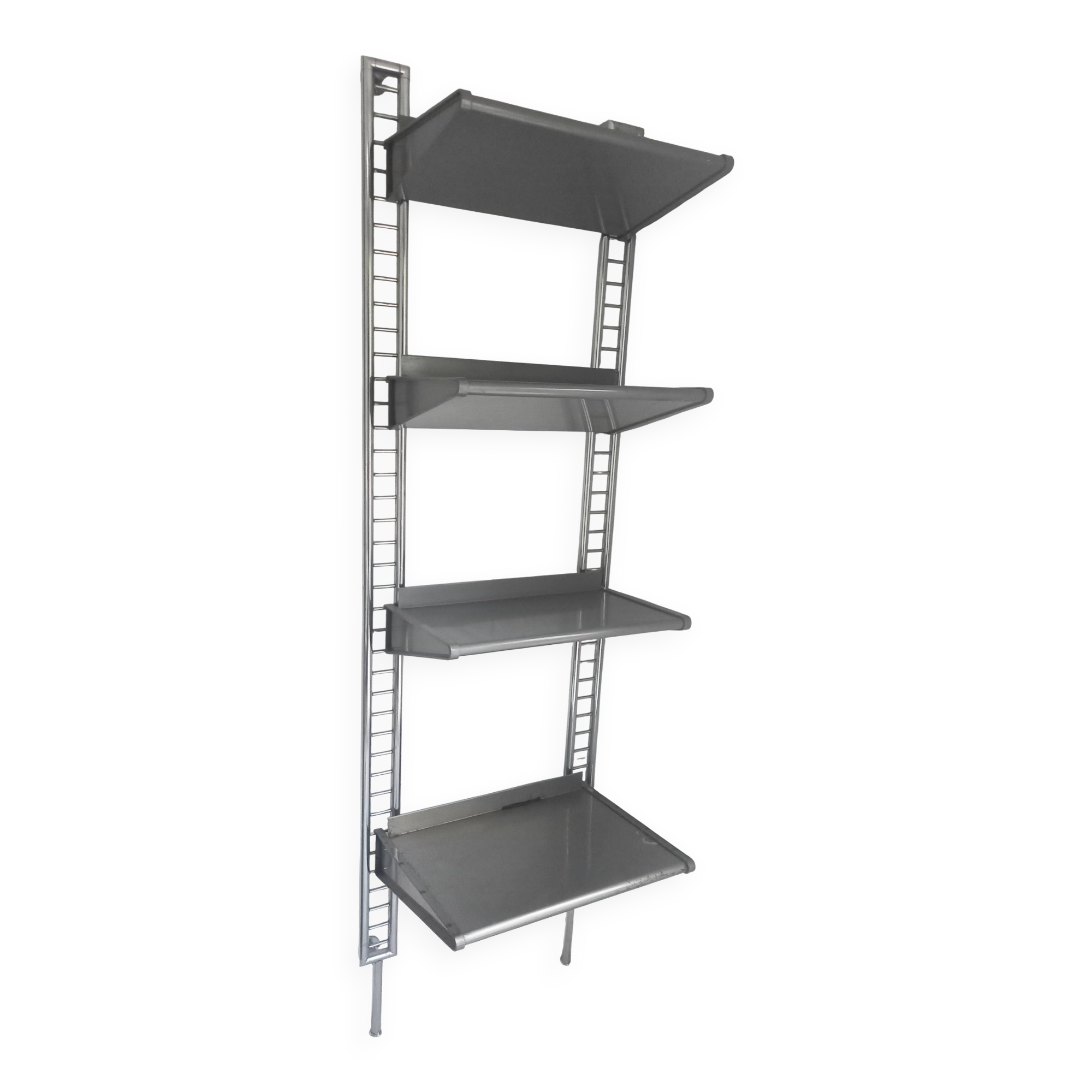 Large chrome wall shelf, aluminium and metal, 1970s industrial, 220cm.