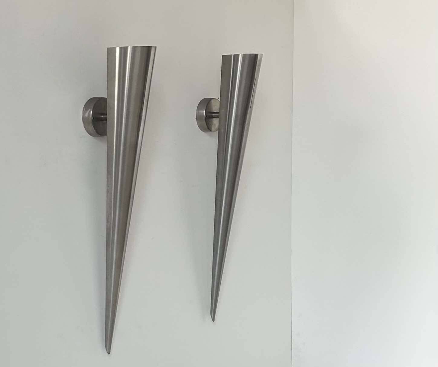 Pair of vintage XL wall lights, brushed curved metal, France 1980