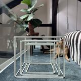3 nesting tables by Max Sauze for Isocèle – 1970s – white metal & glass