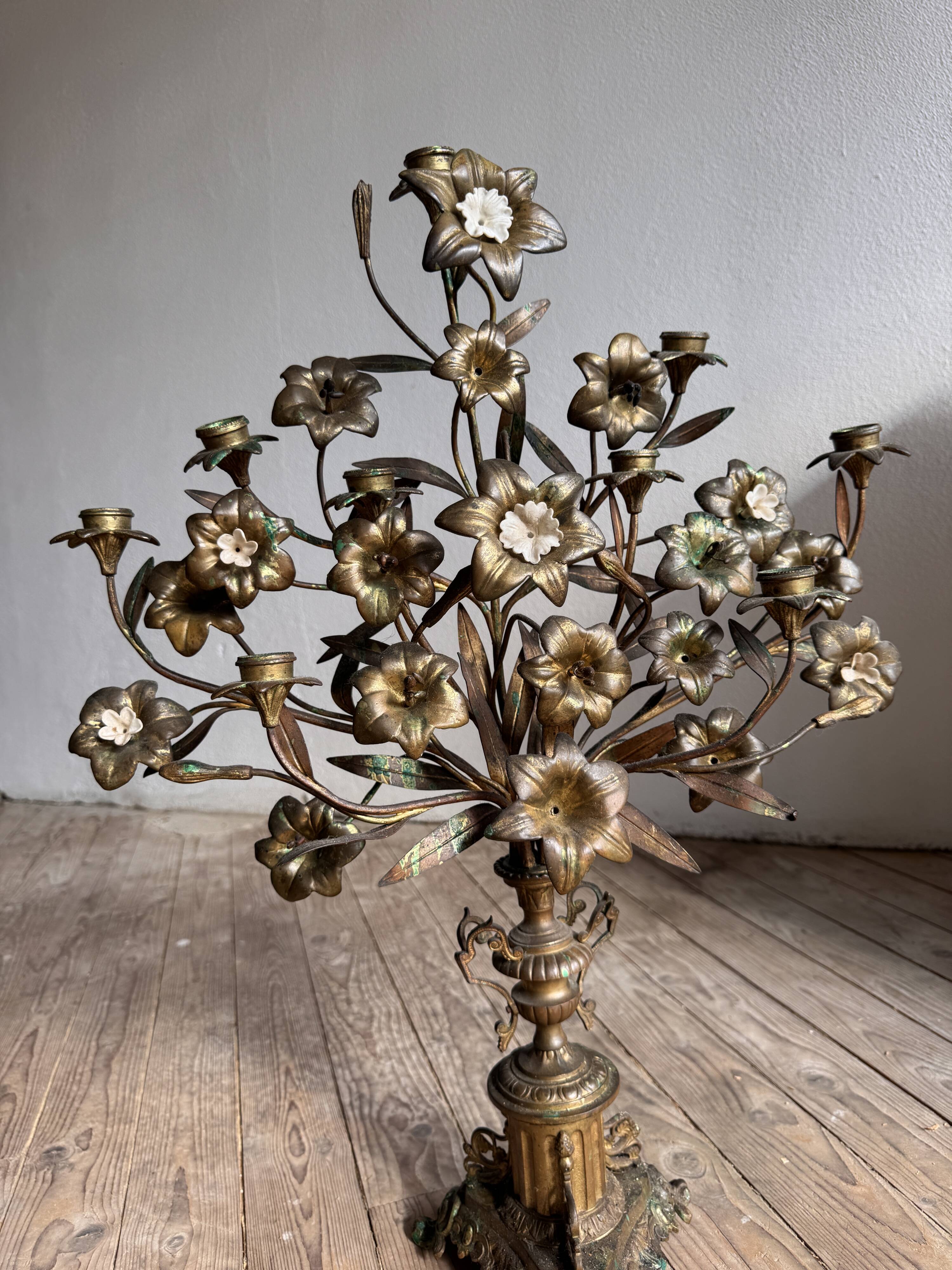 Pair of large 9-light altar candelabra, 19th century, in bronze and brass