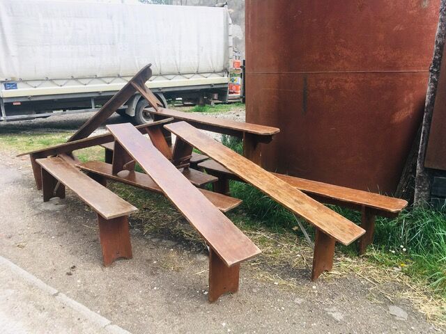 lot of 10 '30s bistro benches in pretty pattine fir