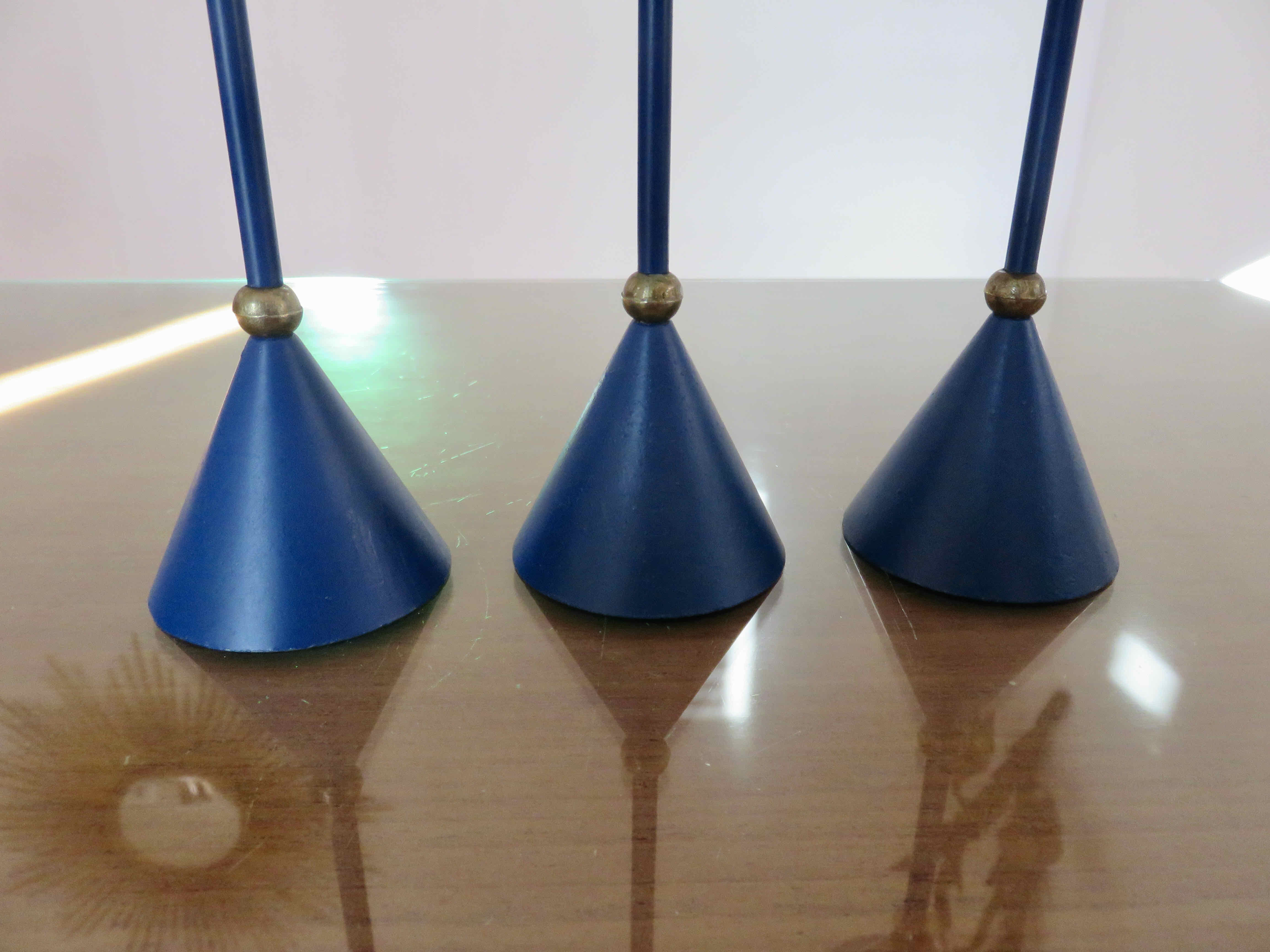 3 modernist Scandinavian candlesticks in blue lacquered metal and brass 60s 70s