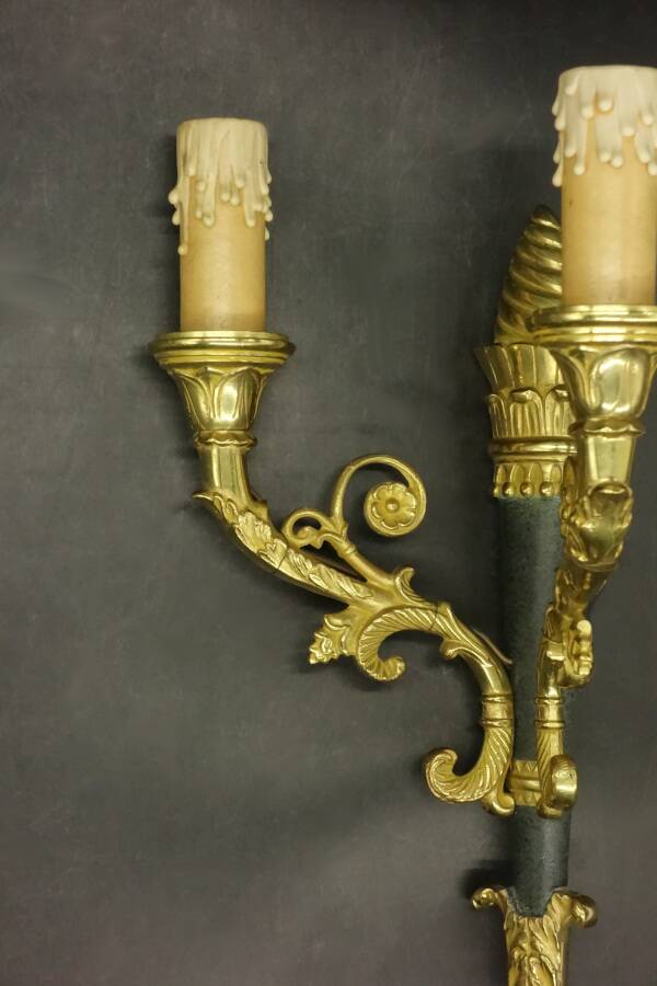 Pair of Restoration style wall lights from Hettier & Vincent - gilded bronze and green patina