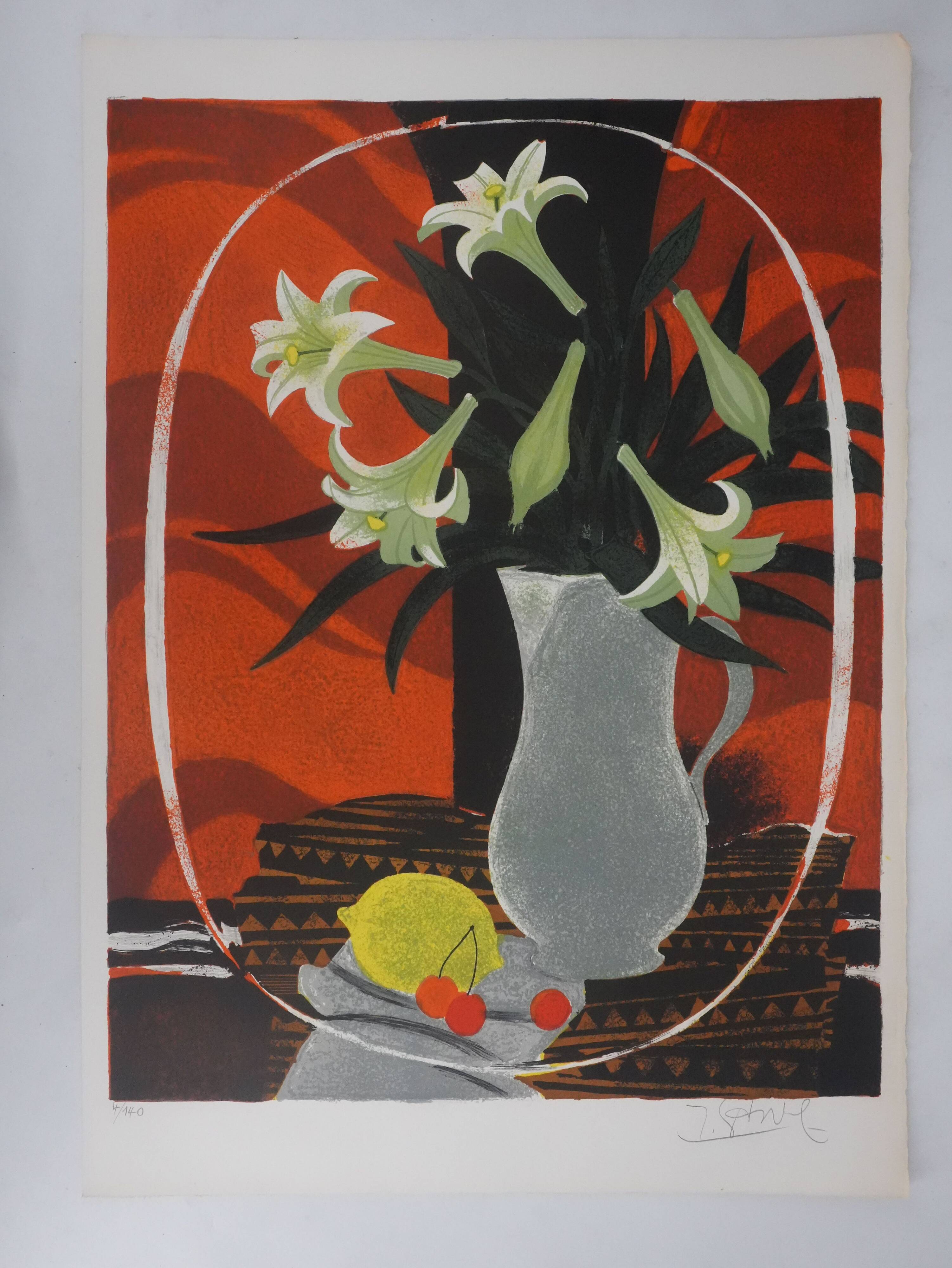 Yves ganne: lilies on an orange background, original signed lithograph