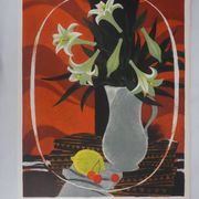 Yves ganne: lilies on an orange background, original signed lithograph
