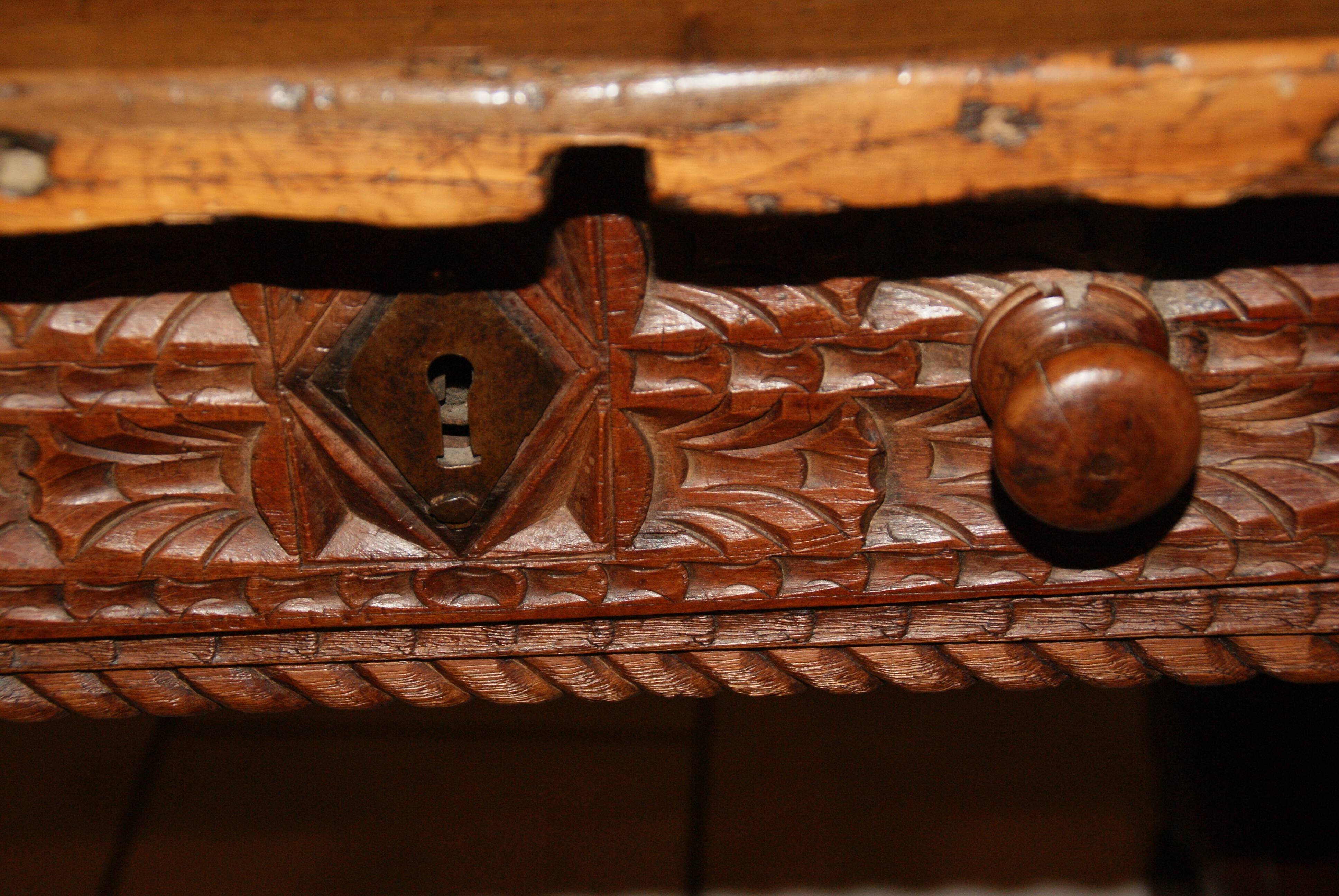 SAVOYARD CHALET TABLE, carved, with two drawers, late 18th century