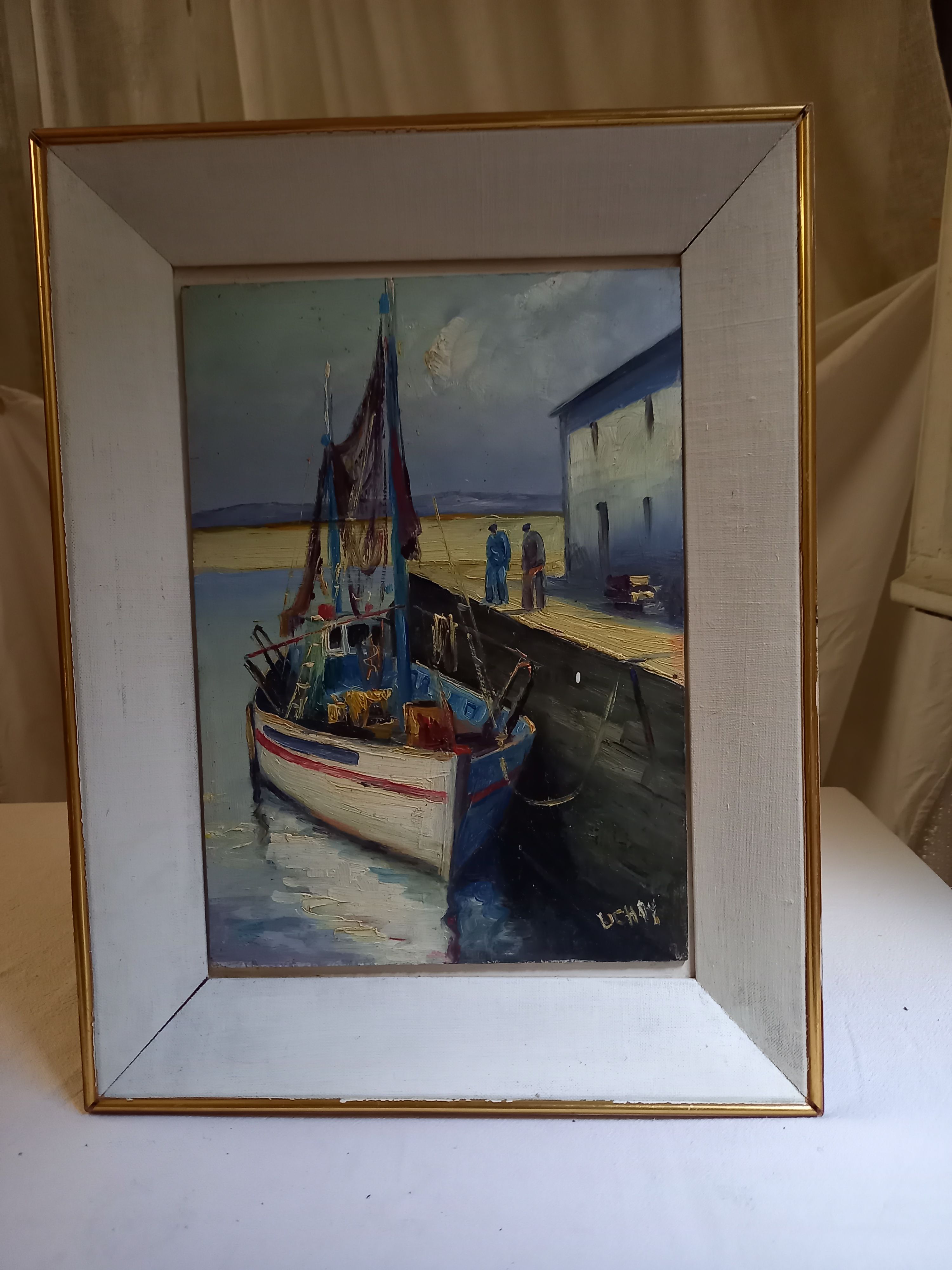 Old painting, oil on wood, representing a port with a fishing boat