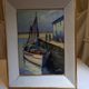 Old painting, oil on wood, representing a port with a fishing boat