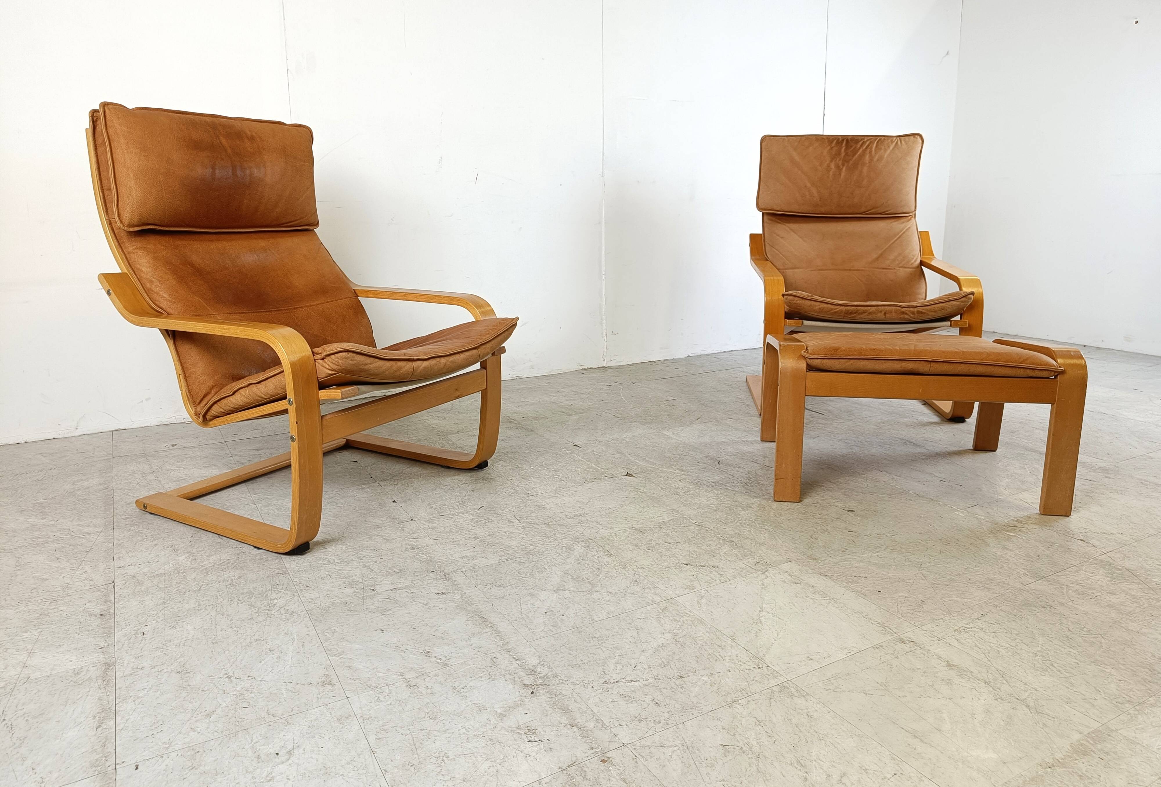 Leather Poäng Chairs & Footrest by Noboru Nakamura for IKEA, 1990s