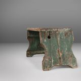Industrial green wooden stool with nice patina, France 1900