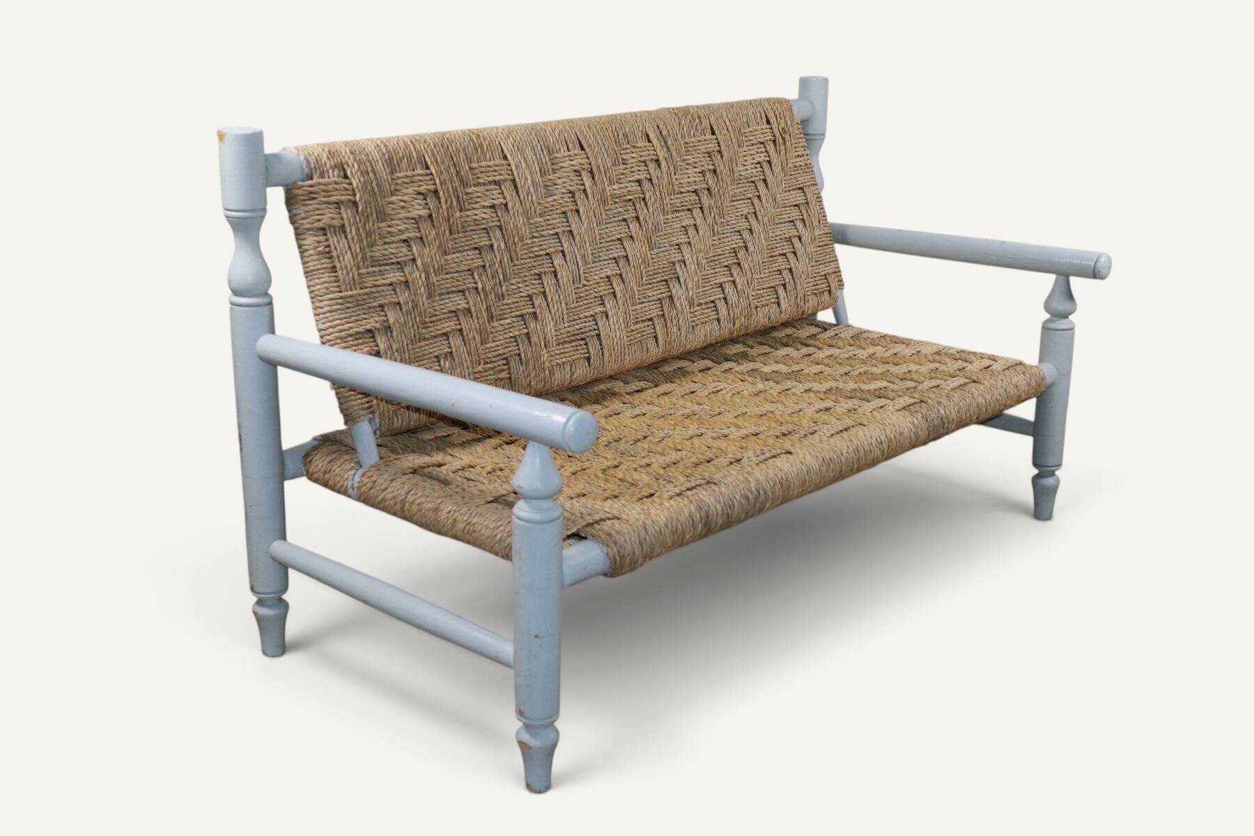 Vintage bench in braided rope and painted wood, 1950s-60s.