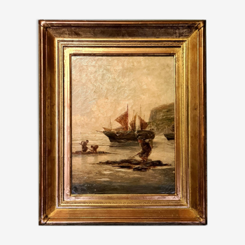 Peinture antique huile sur toile Vue côtière datée de 1911