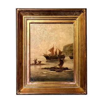 Antique oil on canvas painting Coastal View dated 1911