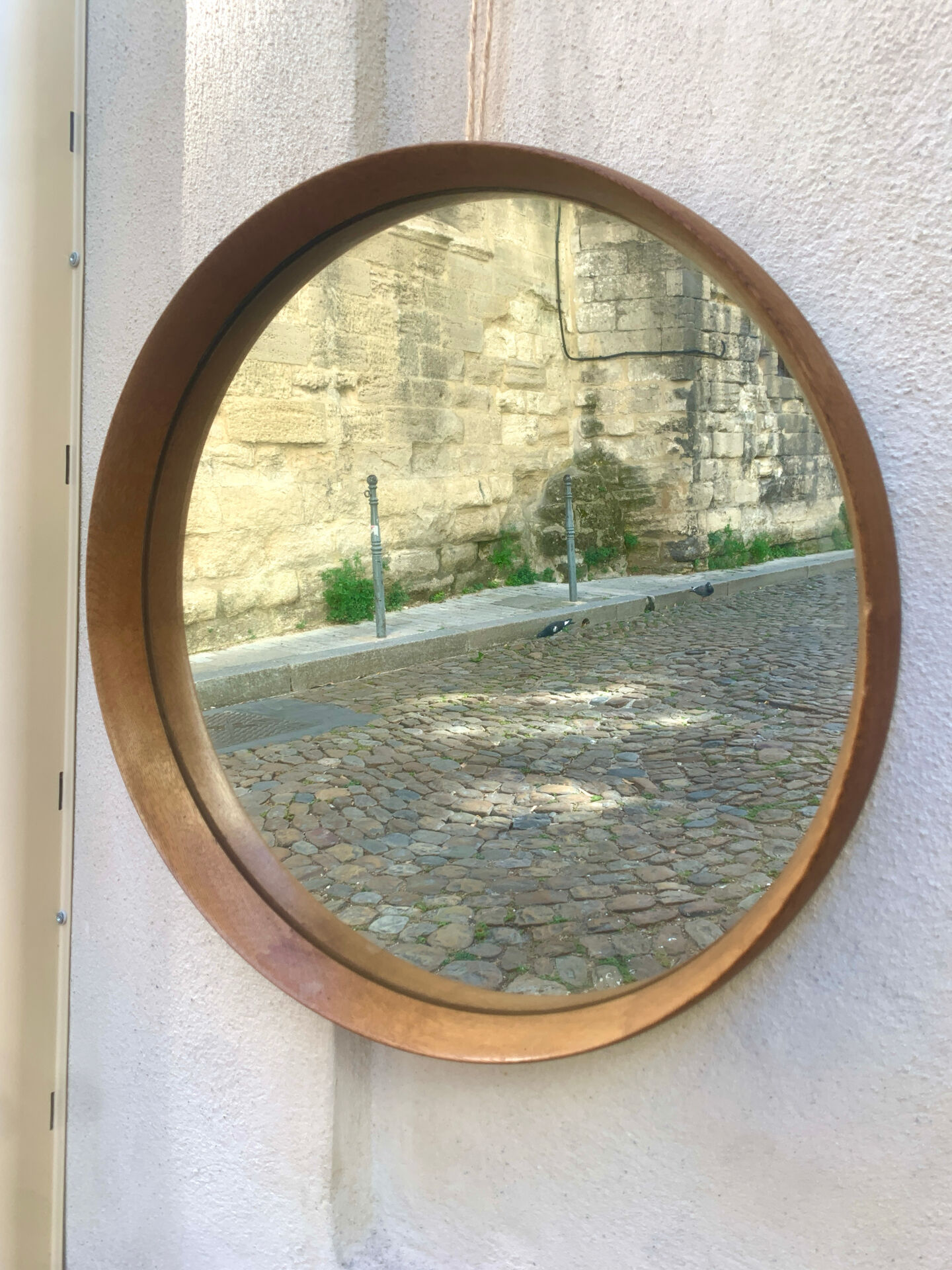 Scandinavian round mirror in teak