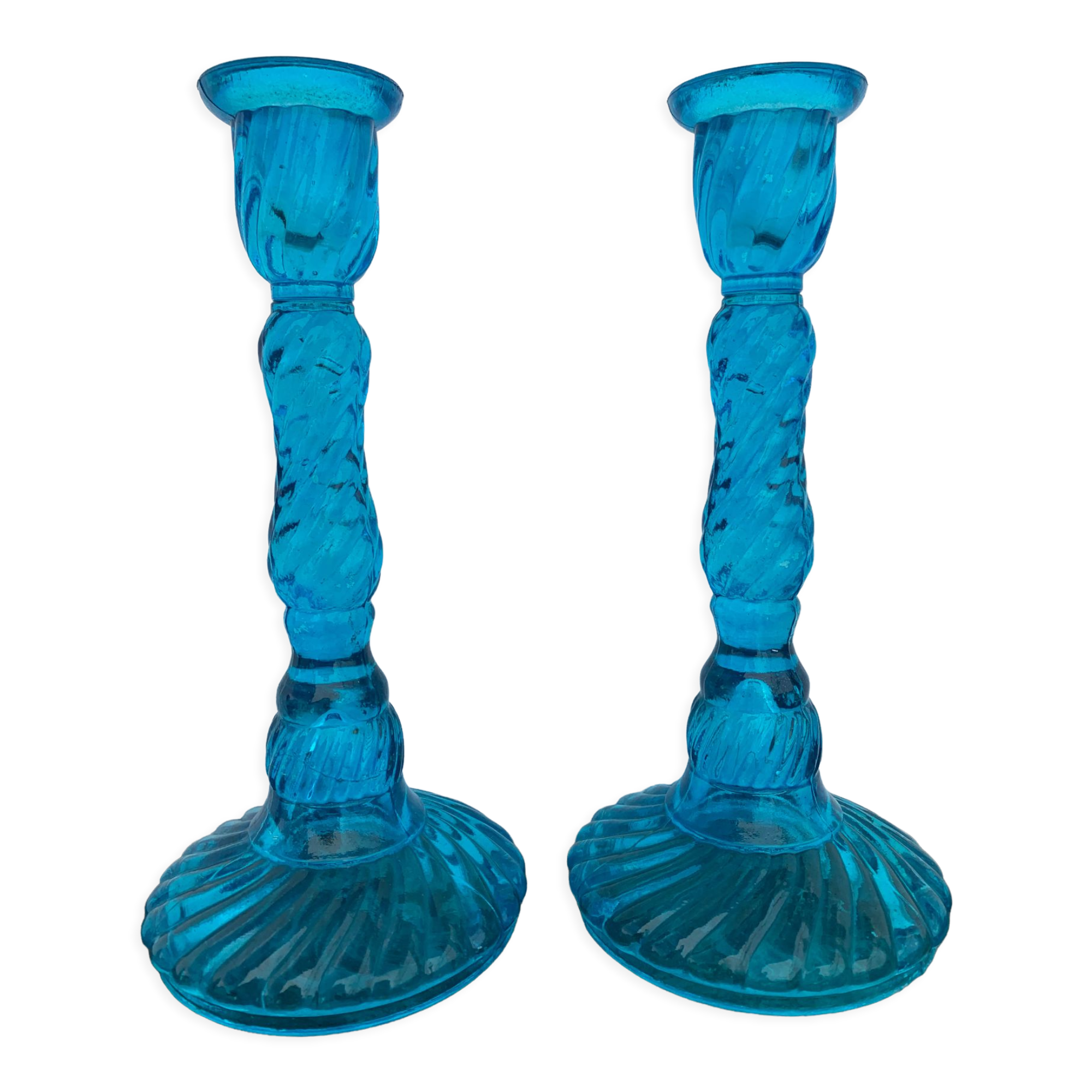 Pair of molded pressed blue glass candle holders