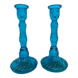 Pair of molded pressed blue glass candle holders