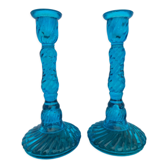 Pair of molded pressed blue glass candle holders