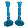 Pair of molded pressed blue glass candle holders