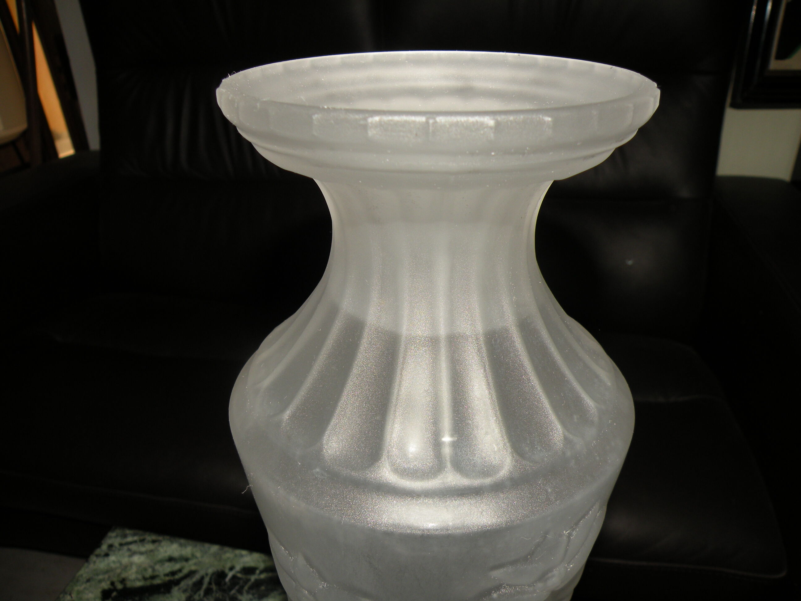 Old frosted glass vase, pressed molded flower decoration, 1940, 1950