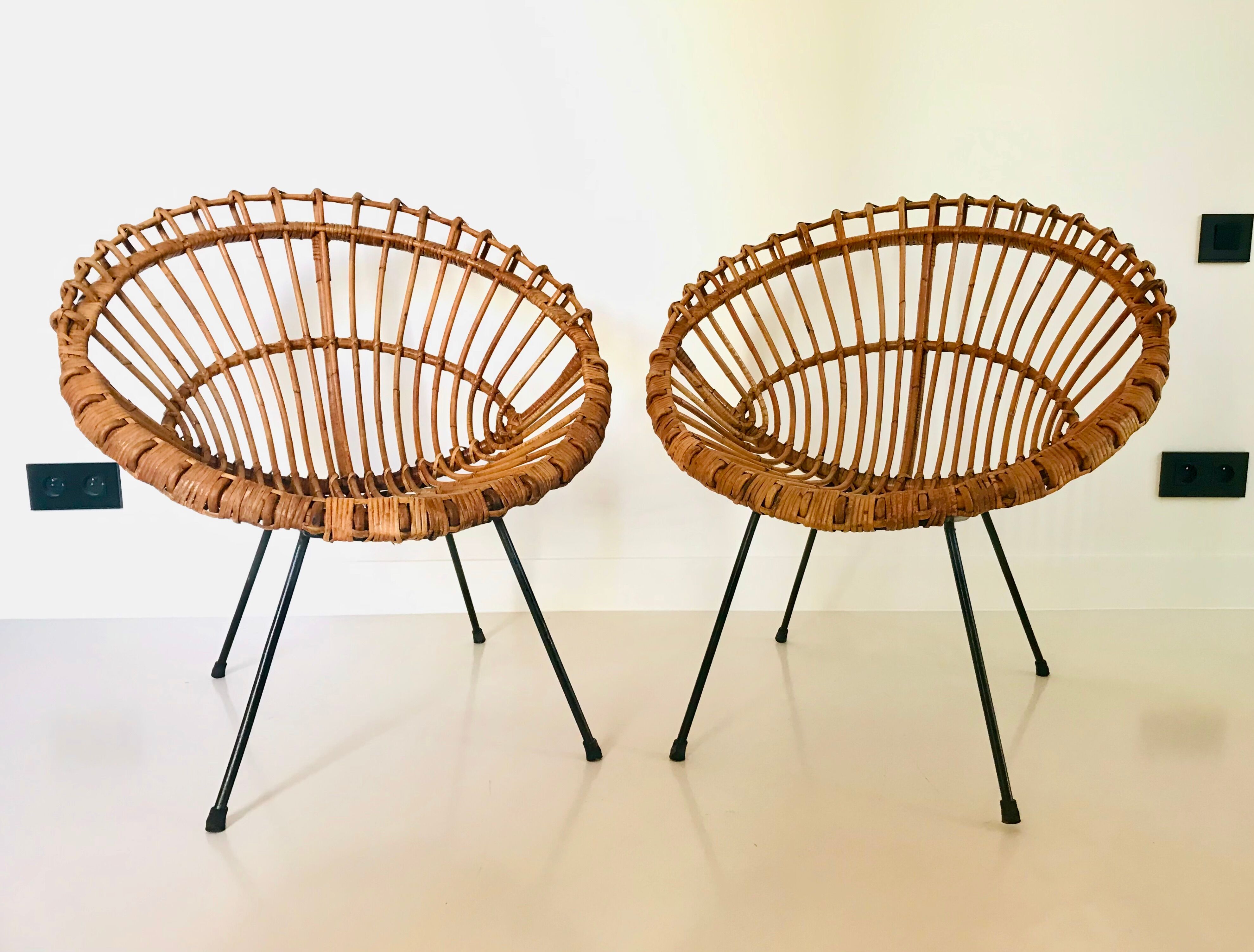Pair of rattan armchairs, italy 60s