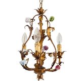 Vintage Italian Roses Porcelain Chandelier Gold Gilded Baroque Rococco 1950s