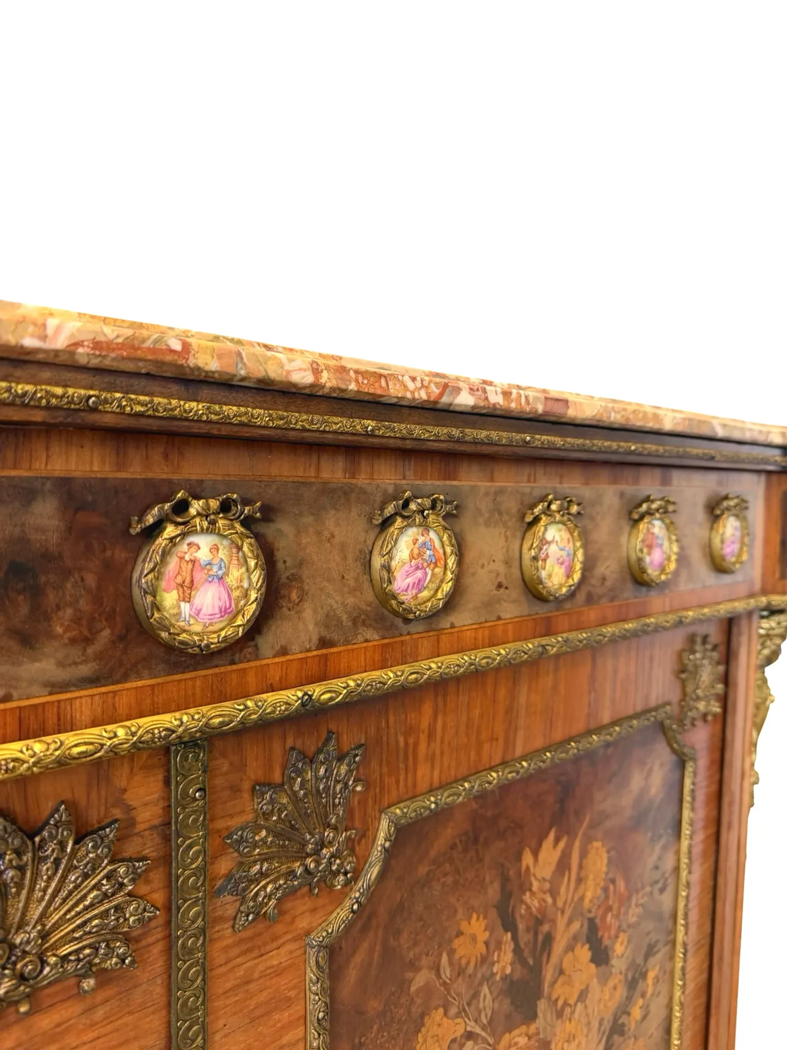 An antique French Louis XVI-style marble-top side cabinet