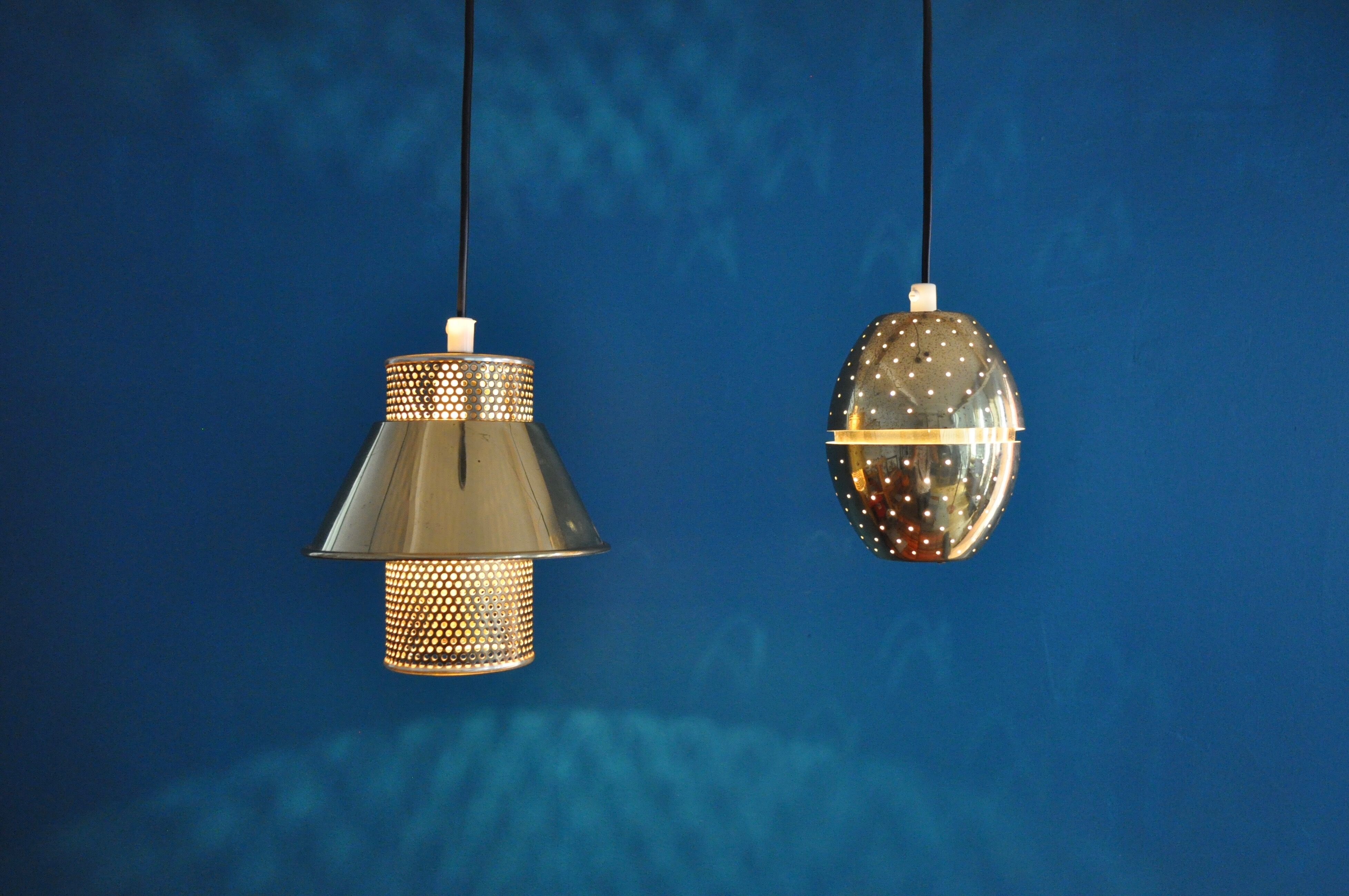 Pair of hanging lamps brass perforated Hans - Agne Jakobsson, 1960