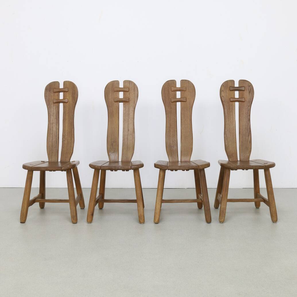 4x Brutalist Dining Chair in Oak by De Puydt, 1970s