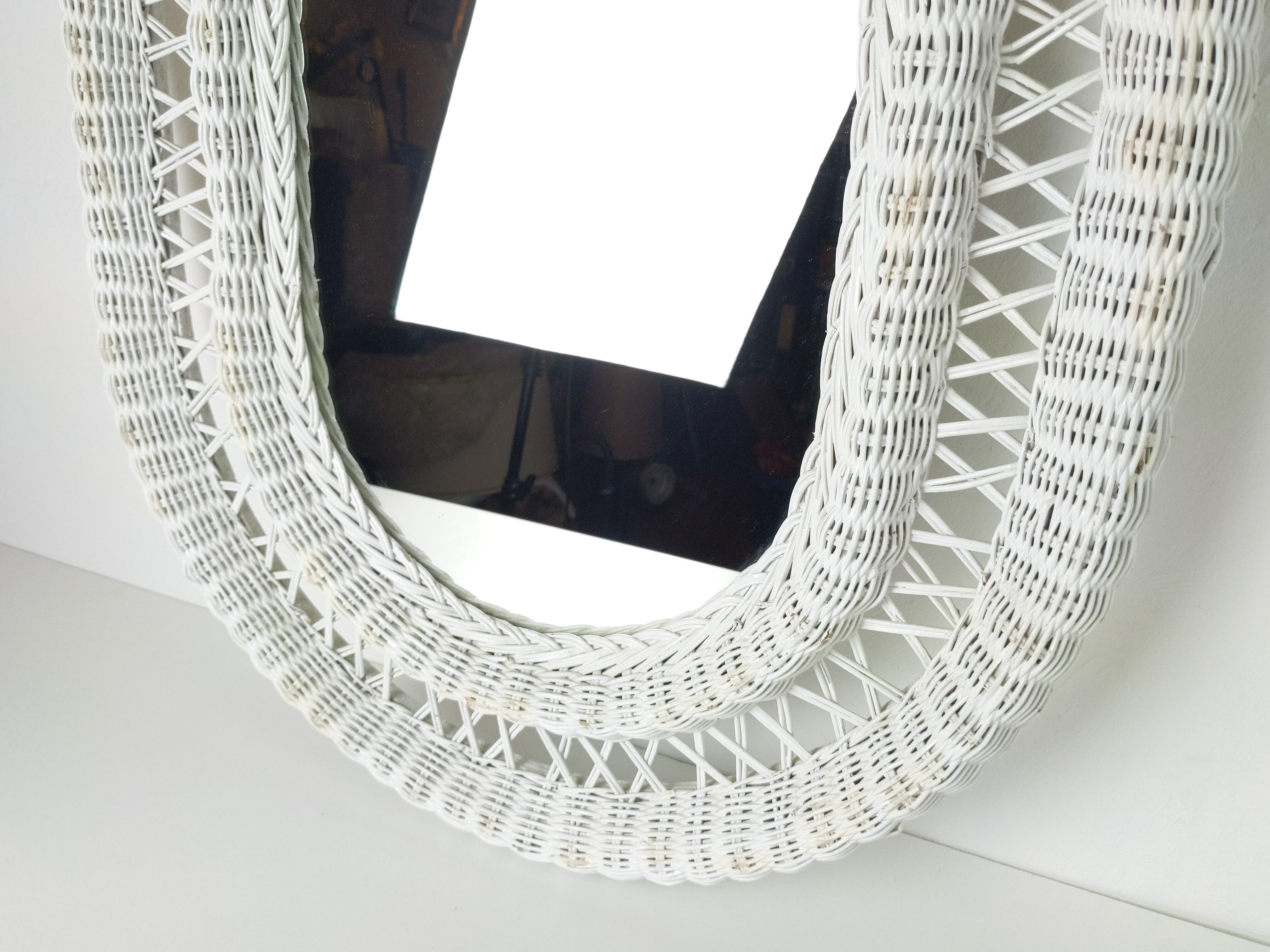 Large framed white wicker mirror 1970s  57x72cm