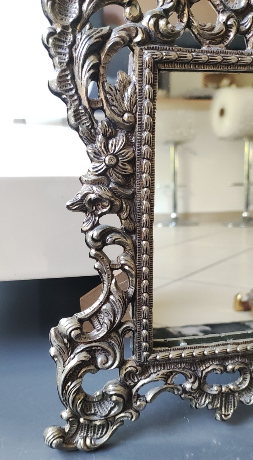 Antique/Rocaille/Louis XV Style Table Mirror. In silver-plated bronze
