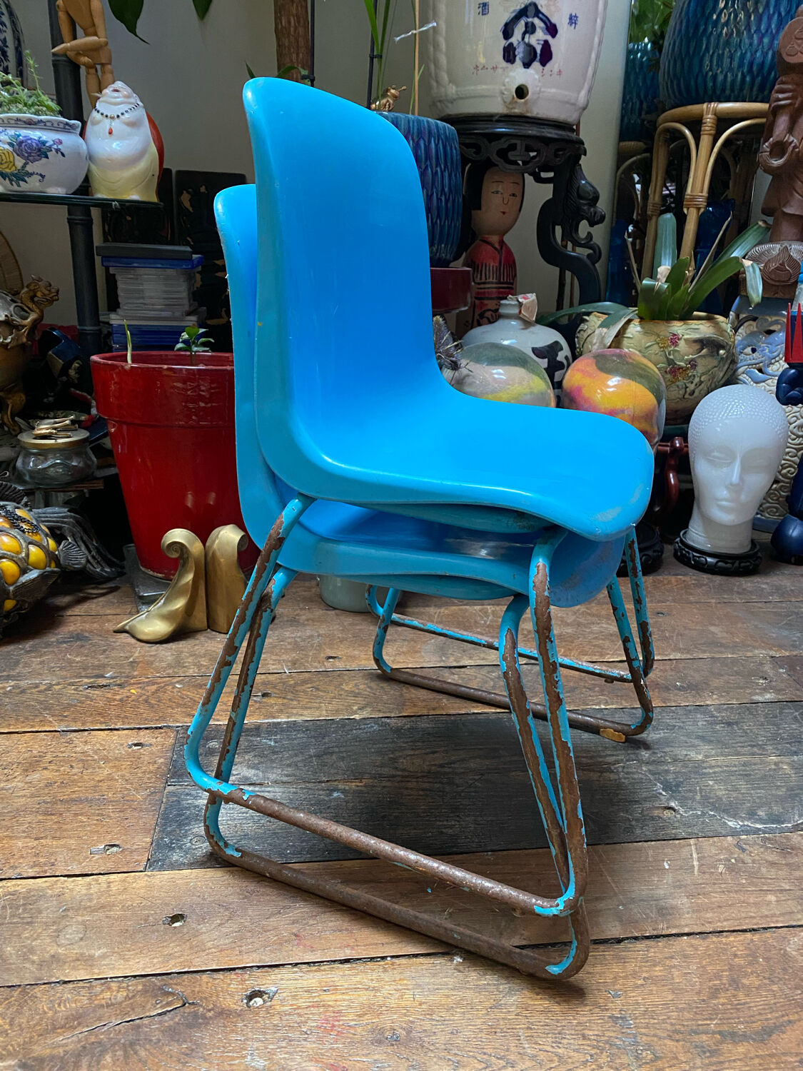 Duo of vintage Grofilex blue nursery children's chairs
