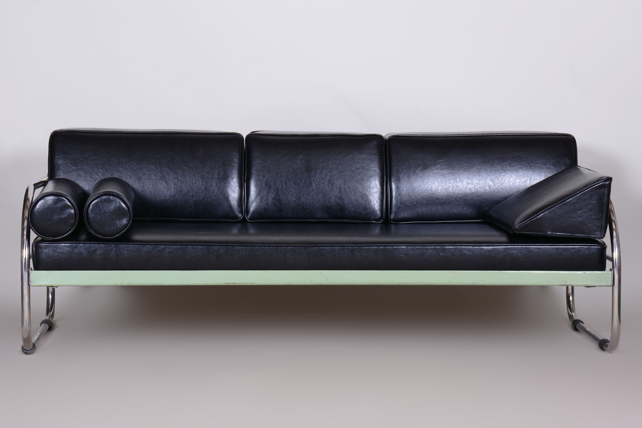 Restored black bauhaus sofa, robert slezak, high-quality leather, chrome-plated steel, 1930s