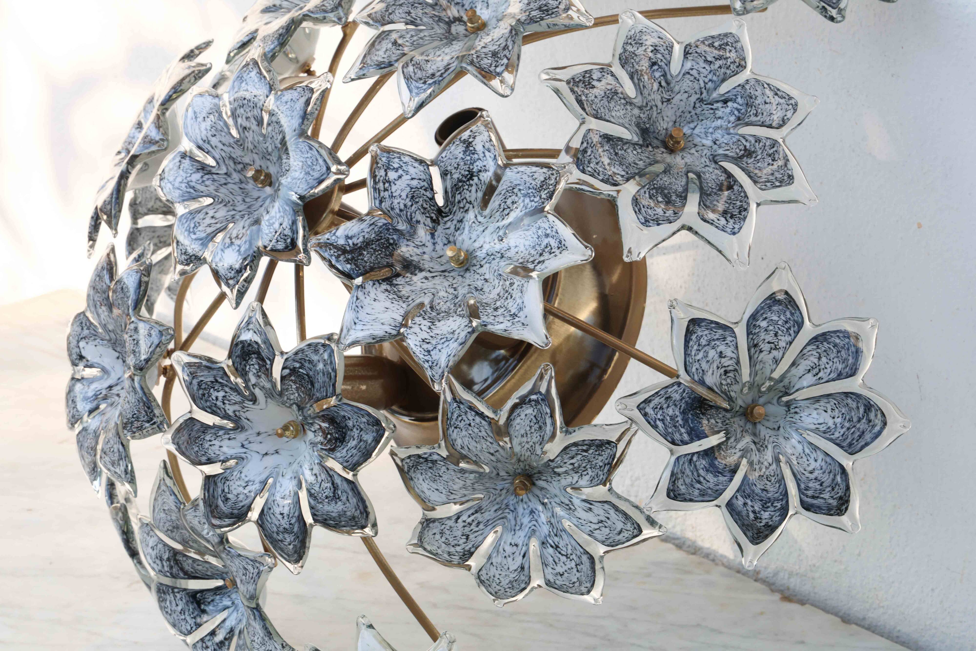 Large Murano Vintage Ceiling Light Black Flowers, 1970s