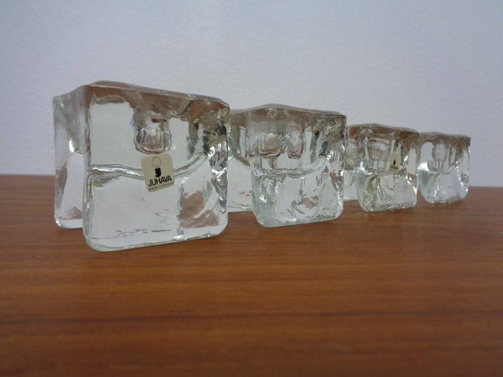 Finnish Ice Glass Candlesticks by Timo Sarpaneva for Juhava, 1970s, Set of 4