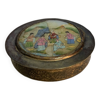 Brass powder box, brass pill box with mother-of-pearl Asian life scene