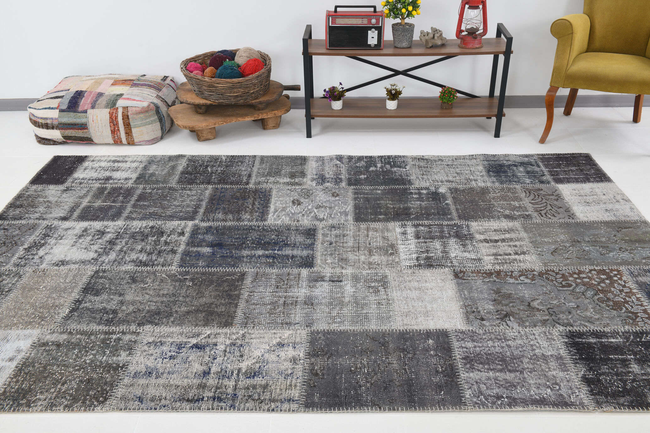 Gray tones turkish patchwork rug 308x201cm
