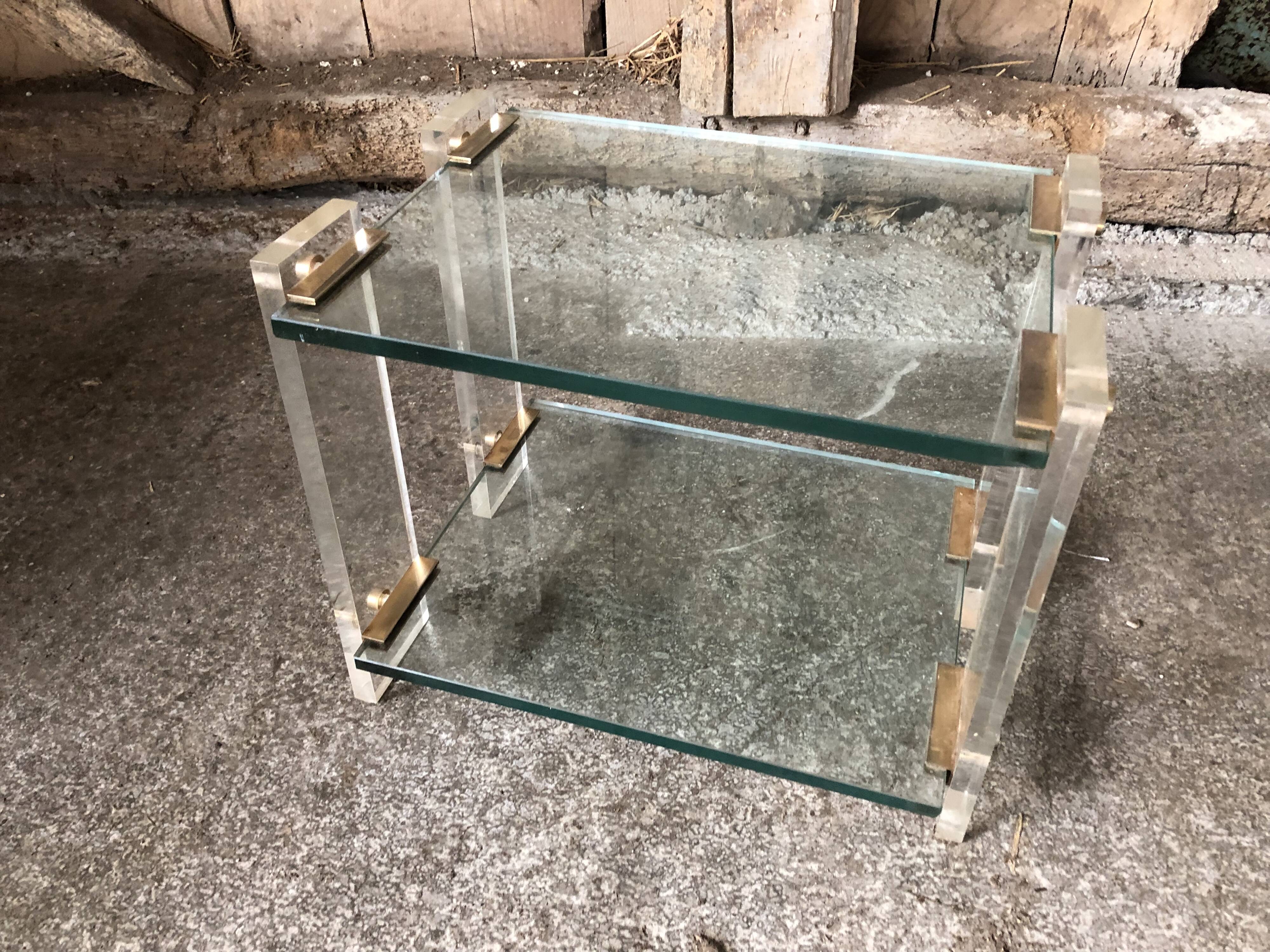 Pair bedside design plexi + brass + vintage glass trays