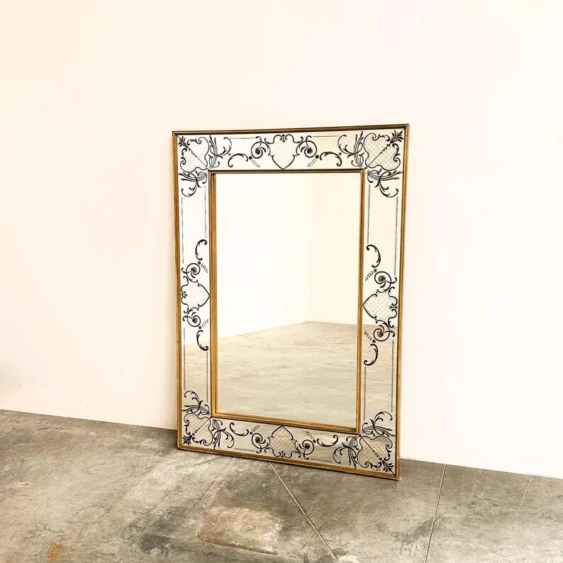 Large Vintage French Bistro Mirror with Hand-Painted Decoration and Gold Frame