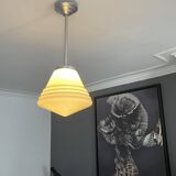 Chandelier art deco, opaline and chrome metal, France 1930