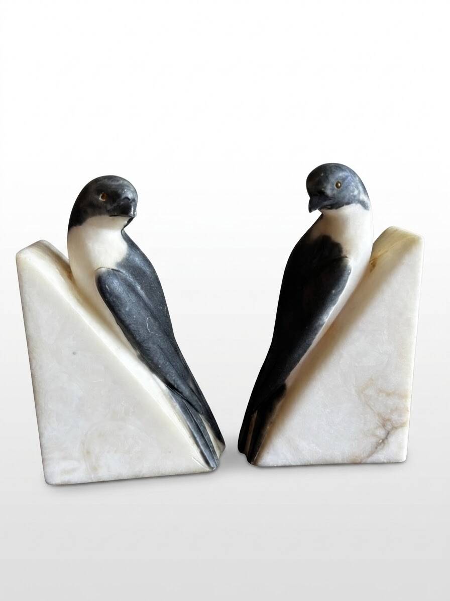 Bookends BIRDS Art Deco Alabaster Marble Vintage Italian Sculpture