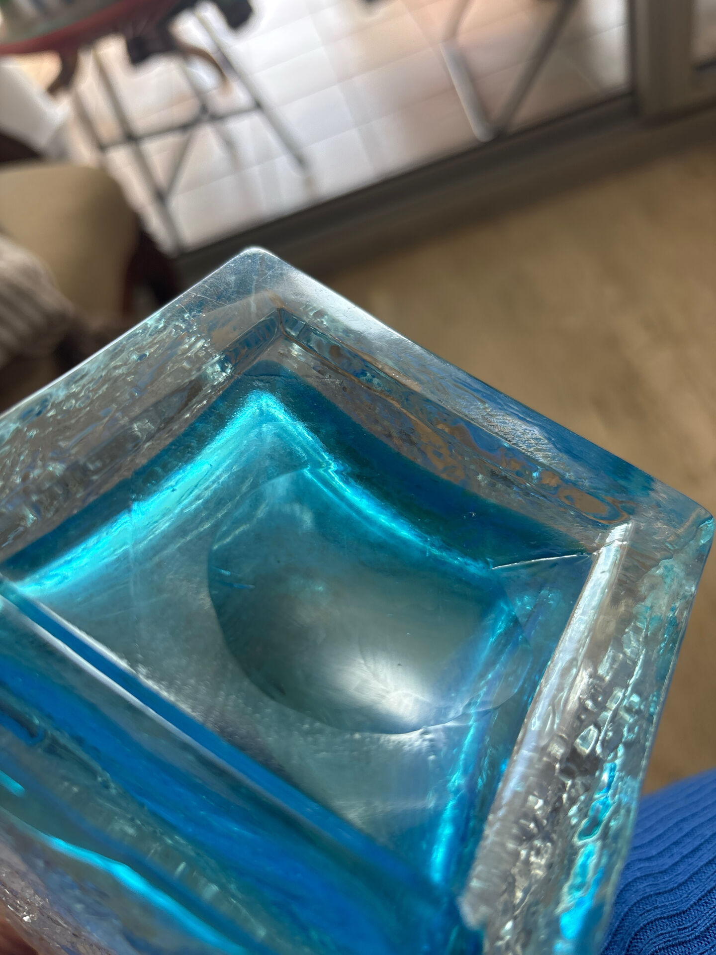 Vintage textured blue glass vase. 1970s.